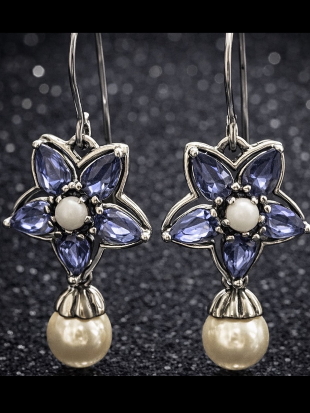 Suzanne Somers vintage iolite pearl floral dangle earrings sterling silver HSN